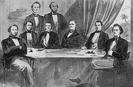 Davis's cabinet in 1861, Montgomery, Alabama
Front row, left to right: Judah P. Benjamin, Stephen Mallory, Alexander H. Stephens, Jefferson Davis, John Henninger Reagan, and Robert Toombs
Back row, standing left to right: Christopher Memminger and LeRoy Pope Walker
Illustration printed in Harper's Weekly ConfederateCabinet.jpg