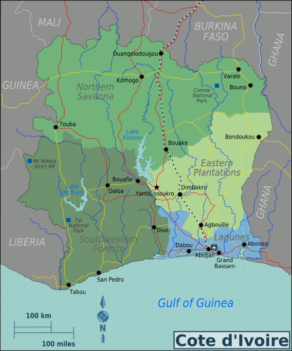 Map of Côte d'Ivoire with regions colour-coded