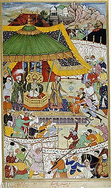 An illustration from the Akbarnama written by Abu'l-Fazl ibn Mubarak (1551-1602) depicts a gun in Akbar's court (bottom center). Court of Akbar from Akbarnama.jpg