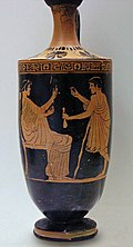 Courtisane recevant l’un de ses clients, lécythe attique à figures rouges du peintre d’Athéna, v. 460–450 av. J.-C., Musée national archéologique d’Athènes