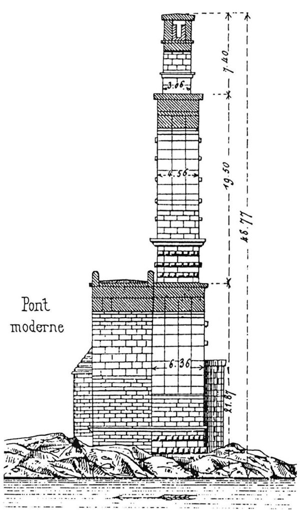 Cross section of the Pont du Gard (right) and the 18th-century road bridge (left) (Alfred Léger, 1875)