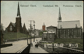 Emmanuel Episcopal Church and the First Presbyterian Church on an old postcard Cumberland MD Presby PHS683.jpg