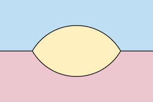 The limiting shape for all networks of two collinear rays and two curves connecting the endpoints of the two rays. The central lens has the shape of a vesica piscis. Curve-shortening self-similar lens.svg