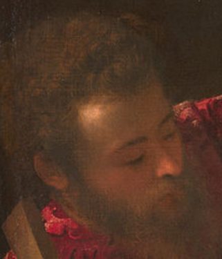 Peinture. Gros plan de la tête d’un homme barbu, visage tourné vers la droite.