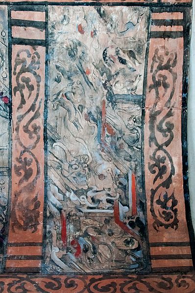 File:Dahuting Tomb mural detail showing mythlogical creatures, including a dragon, Eastern Han Dynasty.jpg
