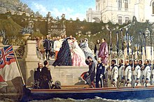 Huile sur toile représentant un groupe d'aristocrates sur un débarcadère au pied duquel est arrimée une barque sur laquelle deux princes et un équipage de marins se tiennent debout