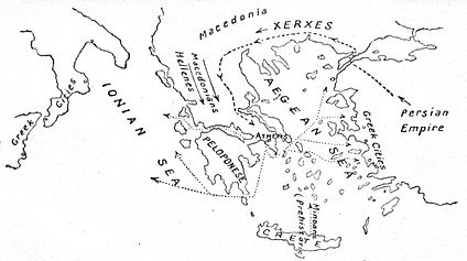 Fig. 3.—The Greek Seas, Ægean and Ionian, showing the Cretan insular sea-base, and the Greek peninsular sea-base; also the march of Xerxes to outflank the sea-power of Athens.