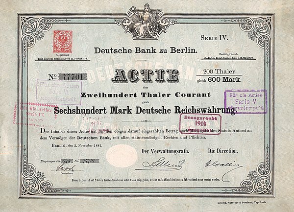 Share of the Deutsche Bank, issued 2 November 1881