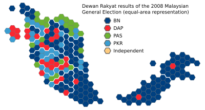 Dewan Rakyat results of the 2013 Malaysian General Election (equal-area representation) Dewan Rakyat 2008 Equal Area.svg