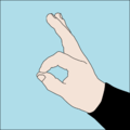 Are you OK? or I am OK! A circle is made with thumb and forefinger, extending the remaining fingers if possible.