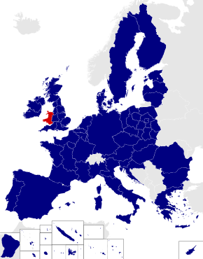 Carte des circonscriptions du Parlement européen de 2014 avec le Pays de Galles surligné en rouge