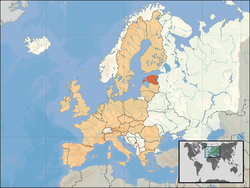 Location of Estonia (orange) – in Europe (tan & white) – in the European Union (tan)  [Legend]