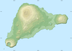 Mapa konturowa Wyspy Wielkanocnej, na dole po lewej znajduje się czarny trójkącik z opisem „Rano Kau”
