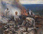 野焼きの場面を描いたエーロ・ヤルネフェルトの作品 (1893年)