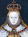   This image is a JPEG version of the original PNG image at File: Elizabeth I in coronation robes detail.png. Generally, this JPEG version should be used when displaying the file from Commons, in order to reduce the file size of thumbnail images. However, any edits to the image should be based on the original PNG version in order to prevent generation loss, and both versions should be updated. Do not make edits based on this version. Admins: Although this file is a scaled-down duplicate, it should not be deleted! See here for more information. Queen Elizabeth I by unknown artist, circa 1600. Detail of National Portrait Gallery: NPG 5175 .