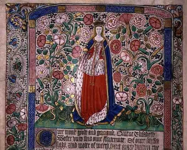 Elizabeth at the time of her coronation surrounded by pink and white roses, symbolic of her union with Edward IV.