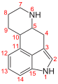 de: Struktur von Ergolin, nummeriert; en: Structure of ergoline, numbered