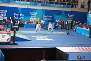 Deutsch: Fechten bei den Olympischen Jugend-Sommerspielen 2018: Tag 1, 7. Oktober 2018, Jungen, Säbel, Runde der letzten 16 - Matias Ríos (ARG) Vs Robert Vidovszky (USA) 10:15 English: Fencing at the 2018 Summer Youth Olympics – Boys' sabre Round of 16 – Matias Ríos (ARG) Vs Robert Vidovszky (USA) 10:15