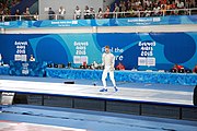 Deutsch: Fechten bei den Olympischen Jugend-Sommerspielen 2018: Tag 1, 7. Oktober 2018, Jungen, Säbel, Finale - Krisztián Rabb (HUN) - Hyun Jun (KOR) (USA) 15:13 English: Fencing at the 2018 Summer Youth Olympics at 7 October 2018 – Boys' sabre Gold medal match – Krisztián Rabb (HUN) Vs Hyun Jun (KOR) (USA) 15:13