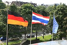 Flags of Thailand, Germany and Bavaria for the visit of prime minister Yingluck Shinawatra in Munich 2012 Flaggen 3451 08.JPG