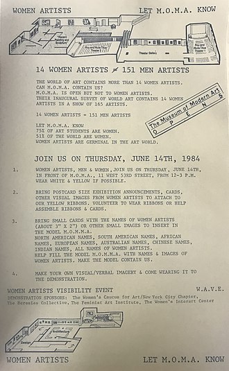 Flier for the Women Artists Visibility Event (W.A.V.E) or "Let MOMA Know" demonstration held June 14th, 1984. Flier for Women Artists Visibility Event (W.A.V.E).jpg