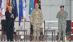 Robert Gates with Fallon and John Abizaid at the CENTCOM Change of Command ceremony, 2007 Gates Fallon Abizaid.jpg