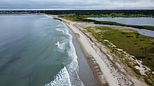 Goosewing Beach from a drone, with Quicksand Pond on the right and Tunipus Pond in the background Goosewing Beach and Quicksand Pond.jpeg