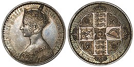 "Gothic" crown of Queen Victoria (1847). The coin had a mintage of just 8,000 and was produced to celebrate the Gothic revival Great Britain, gothic crown, 1847, Victoria.jpg
