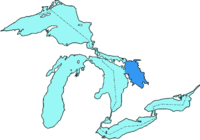 Main body of Georgian Bay highlighted on the map of the Great Lakes