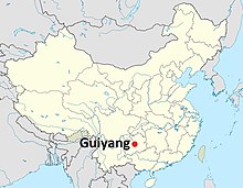 Staðsetning Guiyang borgar í Guizhou héraði í Kína.