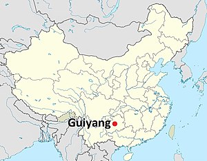 Staðsetning Guiyang borgar í Guizhou héraði í Kína.