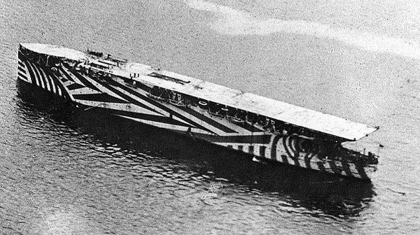 Argus in harbour in 1918, painted in dazzle camouflage