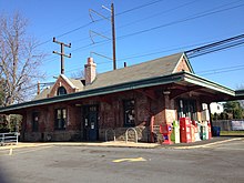 Hatboro station was the extent of electrified service until 1974 Hatboro PA SEPTA station from parking lot December 2015.jpg