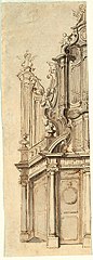 Ébauche du portail d'une église avec vue sur le jubé et l'orgue