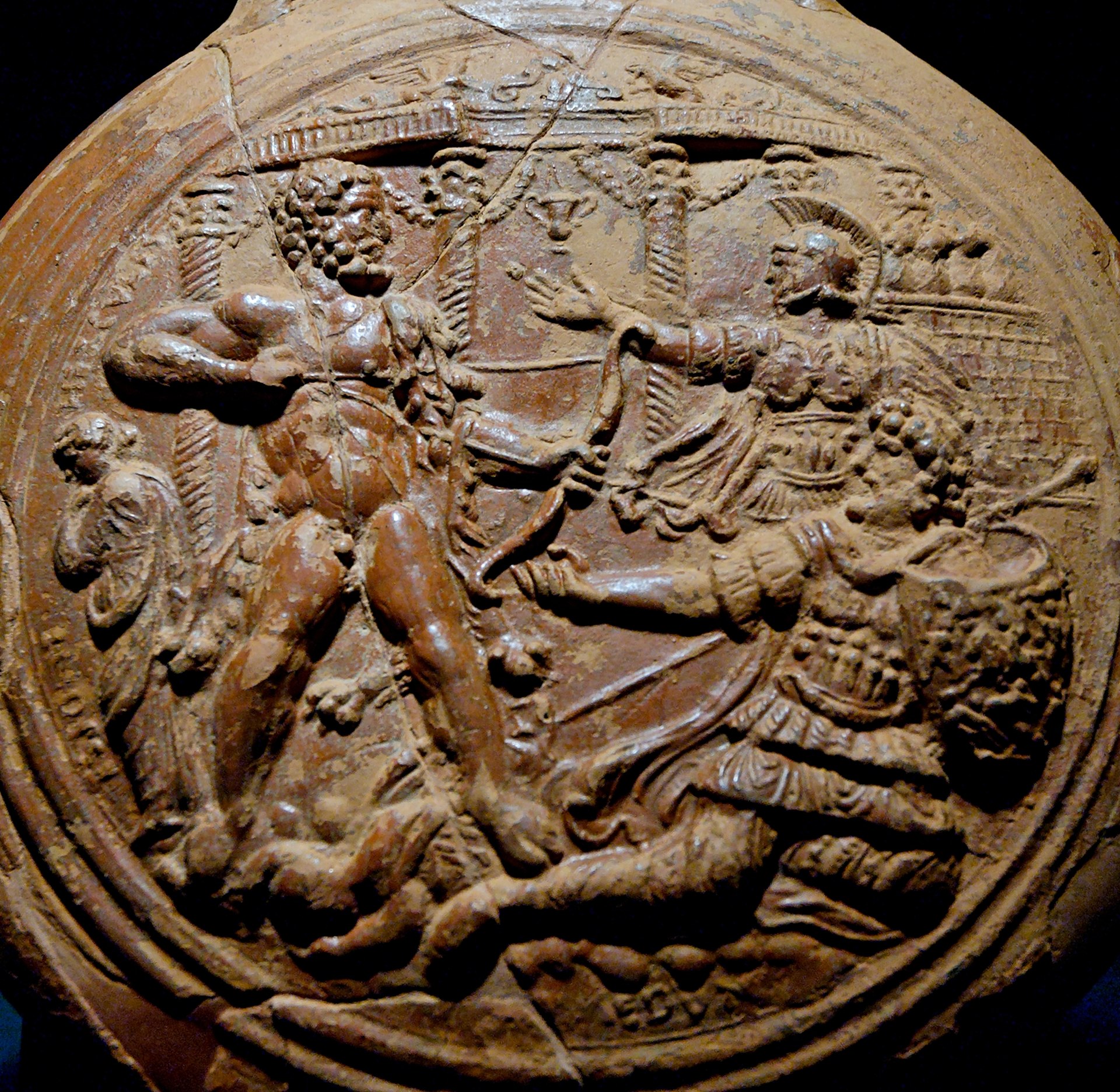 Heracles about to kill Laomedon, terra sigillata flask from Southern Gaul, late 1st century–early 2nd century AD