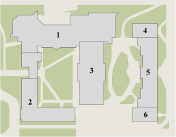 1. Ives Hall
2. Ives West Hall
3. Ives East Hall
4. Dolgen Hall
5. King Shaw Hall
6. ILR Research Building ILR Cornell Campus map.svg