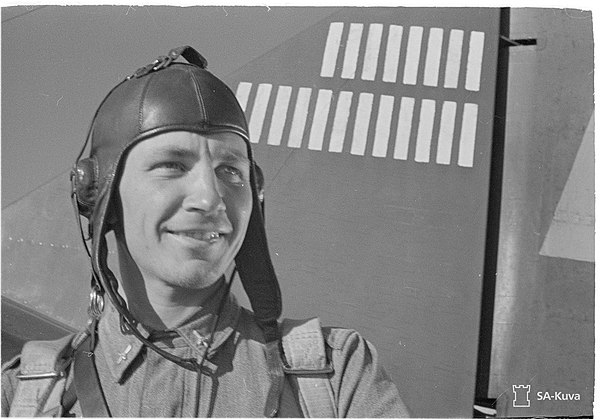 Ilmari Juutilainen, a Finnish WWII fighter pilot with Brewster BW-364 "Orange 4" on 26 June 1942 during the Continuation War.