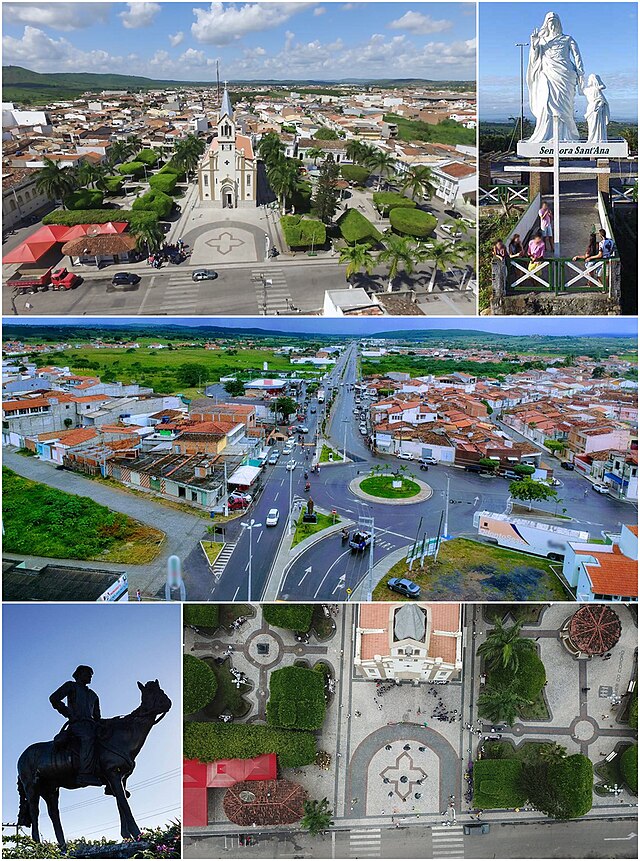 Do alto, em sentido horário: panorama da Praça Barão de Santa Rosa com vista parcial da cidade; Estátua de Senhora Sant'Ana na Serra do Cruzeiro; Panorama da "rotatória do cavalo"; Estátua do Vaqueiro Simão Dias; Vista superior de parte da Praça Barão de Santa Rosa.