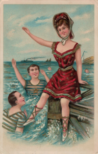 An old European postcard. This postcard features five people out at sea. Four people are swimming, while one person sits atop a dock. This postcard was edited to make the album cover.