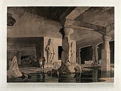 Interior of a cave on the island of Elephanta, near Bombay, Maharashtra. Coloured aquatint by Thomas and William Daniell, 1800.jpg