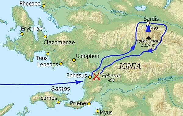 The Athenians led a campaign against the Achaemenid capital of Sardis in Asia Minor in 498 BC, during the Ionian revolt.