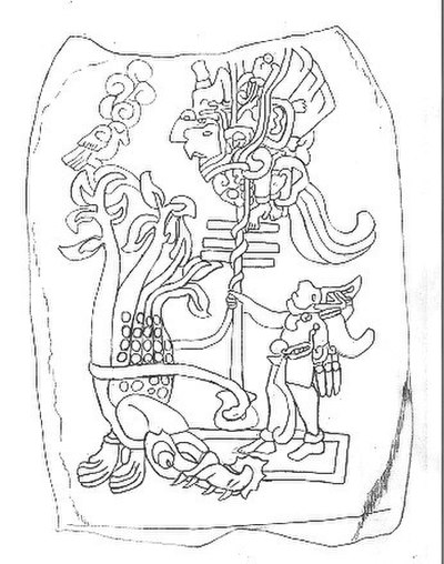 The Hero Twins shooting a perched bird demon with a blowgun. Izapa Stela 25.