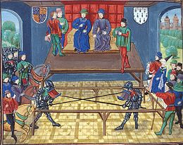Thomas of Woodstock (left, identified by his arms) jousting in Vannes, Brittany, with John V The Conqueror, Duke of Bretagne, KG. Circa 1480, from a MS of Froissart's Chronicles in the British Library, London Jousting Buckingham+Bretagne.jpg