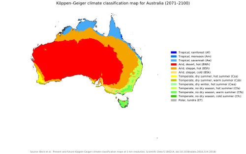 Current/past Köppen climate classification map for Australia for 1980–2016