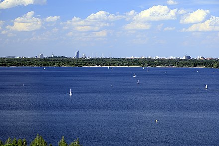 The skyline of Leipzig seen from Cospudener See in the Neuseenland