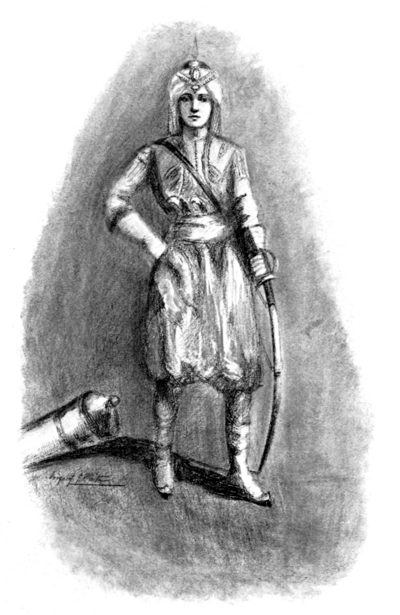 With the exception of a white turban, she was attired in a blood-red uniform from head to foot.