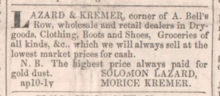 Ad for Lazard and Kremer in the Los Angeles Star October 30, 1852 Lazard Kremer LA Star 18521030.png