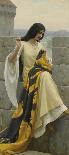 Stitching the Standard by Edmund Leighton, one of the lesser known paintings by the artist, was digitized by Sotheby's before its "disappearance" into a "private collection".]]