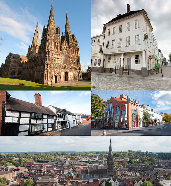 From top left: Lichfield Cathedral; Samuel Johnson Birthplace Museum; Quonians Lane; Garrick Theatre and skyline of the city.