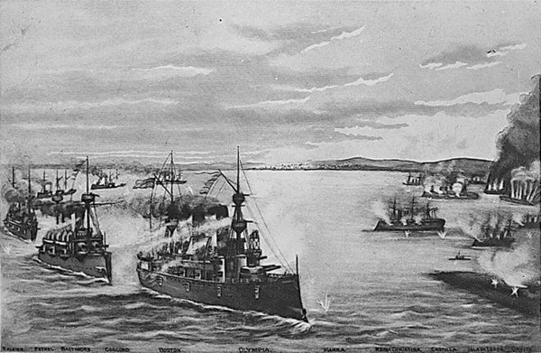 The Battle of Manila Bay, depicted in a lithograph by Butler, Thomas & Company, 1899